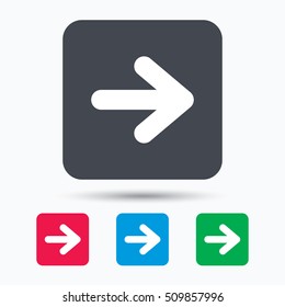 Arrow icon. Next navigation symbol. Colored square buttons with flat web icon. Vector