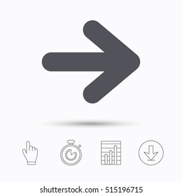 Arrow icon. Next navigation symbol. Stopwatch timer. Hand click, report chart and download arrow. Linear icons. Vector