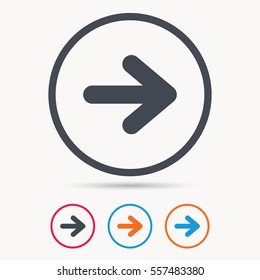 Arrow icon. Next navigation symbol. Colored circle buttons with flat web icon. Vector
