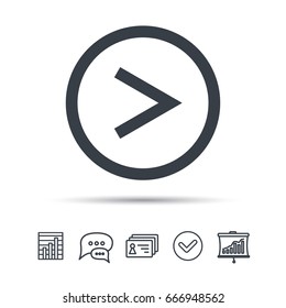 Arrow icon. Next navigation symbol. Chat speech bubble, chart and presentation signs. Contacts and tick web icons. Vector