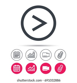 Arrow icon. Next navigation symbol. Statistics chart, calendar and video camera signs. Attachment clip web icons. Vector