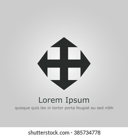 Arrow icon, on grey background, dark outline, example text