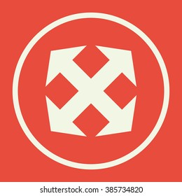 Arrow icon, on red background, white circle border, white outline