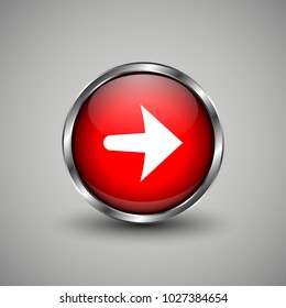 Arrow icon on red glossy button. Web vector button with shadow on grey background.