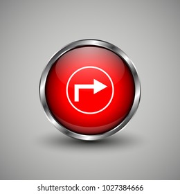 Arrow icon on red glossy button. Web vector button with shadow on grey background.