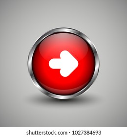 Arrow icon on red glossy button. Web vector button with shadow on grey background.