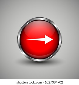 Arrow icon on red glossy button. Web vector button with shadow on grey background.