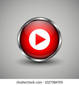 Arrow icon on red glossy button. Web vector button with shadow on grey background.