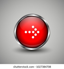 Arrow icon on red glossy button. Web vector button with shadow on grey background.