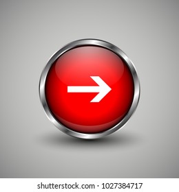 Arrow icon on red glossy button. Web vector button with shadow on grey background.