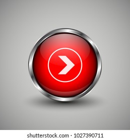 Arrow icon on red glossy button. Web vector button with shadow on grey background.