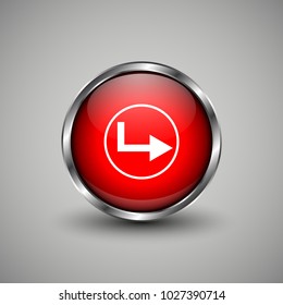 Arrow icon on red glossy button. Web vector button with shadow on grey background.