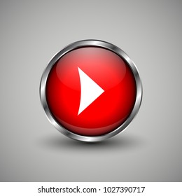 Arrow icon on red glossy button. Web vector button with shadow on grey background.