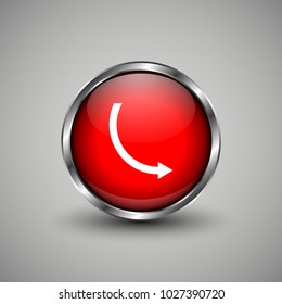 Arrow icon on red glossy button. Web vector button with shadow on grey background.