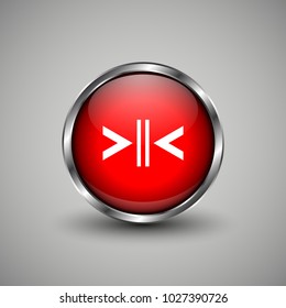 Arrow icon on red glossy button. Web vector button with shadow on grey background.