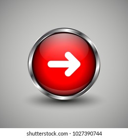 Arrow icon on red glossy button. Web vector button with shadow on grey background.