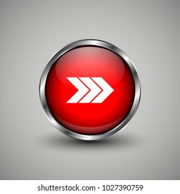 Arrow icon on red glossy button. Web vector button with shadow on grey background.