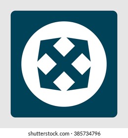 Arrow icon, on white circle background surrounded by blue