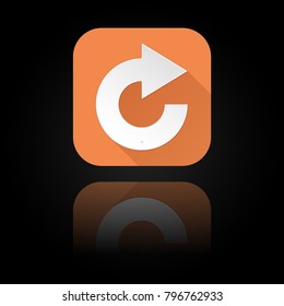 Arrow icon. Orange sign with reflection on black background. Rotation symbol. Vector illustration
