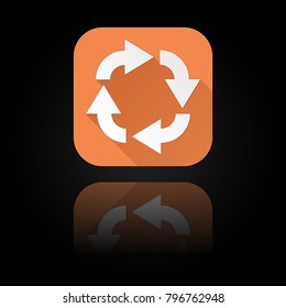 Arrow icon. Orange sign with reflection on black background. Circular motion symbol. Vector illustration