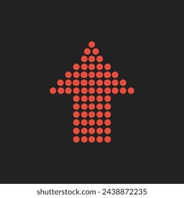 Icono de flecha en estilo de píxel. Un punto rojo sobre un fondo negro. Ilustración vectorial. Adecuado para la representación electrónica de señales de tráfico.