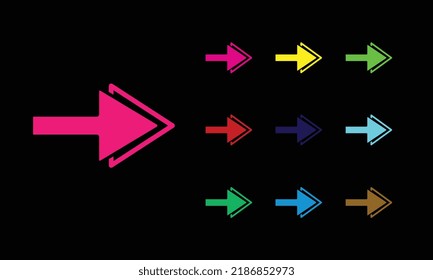 Arrow icon .Pointer sign, straight arrow in vivid colors. Retro navigation, arrow direction forward back down up. Icon set, sign, symbol for UI. Vector illustration