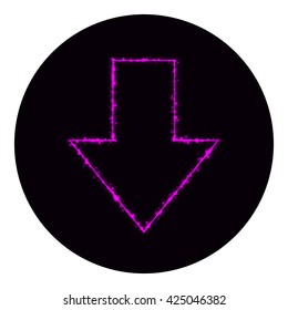 Arrow icon of purple lights on black background. Neon vector icon