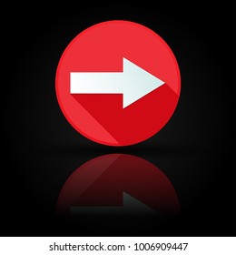 Arrow icon. Red sign with reflection on black background. Right symbol. Vector illustration