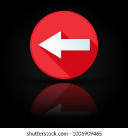 Arrow icon. Red sign with reflection on black background. Left symbol. Vector illustration