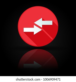 Arrow icon. Red sign with reflection on black background. Right and left symbol. Vector illustration