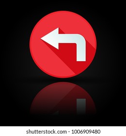 Arrow icon. Red sign with reflection on black background. Left symbol. Vector illustration