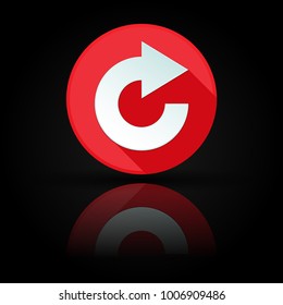 Arrow icon. Red sign with reflection on black background. Refresh symbol. Vector illustration
