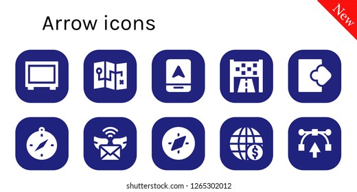  arrow icon set. 10 filled arrow icons. Simple modern icons about  - Big screen, Map, Arrow, Goal, Logout, Compass, Mail, Earth globe, Vector