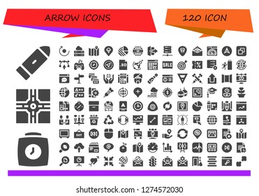 arrow icon set. 120 filled arrow icons. Simple modern icons about  - Bullet, Clock, Crossroad, Rotate, Server, Map, Pin, Pie chart, Internet, Logout, Location, Envelope, Speed
