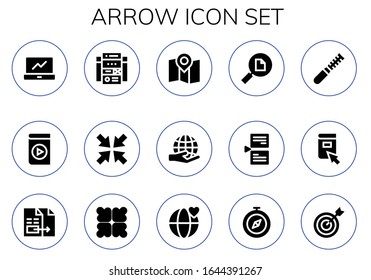 conjunto de iconos de flecha. 15 iconos de flecha rellenos. Incluye los iconos de Analytics, Media Player, Web site, Minimize, Map, Worldwide, File, Page, Click, Document, Reduce, World, Compass, Target