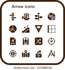 arrow icon set. 16 filled arrow icons.  Collection Of - Direction, World, Signpost, Globe, Pie chart, Escalator down, Earth, Border, File, panorama 360 , Shuffle, Target, Map