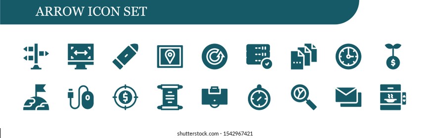 arrow icon set. 18 filled arrow icons.  Simple modern icons about  - Signpost, Size, Bullet, Gps, Refresh, Server, File, Clock, Growth, Earth, Mouse, Target, Scroll, Area, Compass
