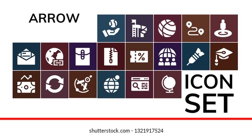 arrow icon set. 19 filled arrow icons.  Collection Of - Earth, Mail, Profit, Refresh, Compass, Earth globe, Browser, Globe, Worldwide, File, Sale, Dart, Unemployed, Slide, Track