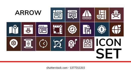 arrow icon set. 19 filled arrow icons.  Collection Of - Browser, Maps, Place, Scroll, Time, Archery, Mail, Web size, Angle, Compass, Document, Target, World, Interface, Slide