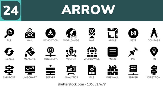 arrow icon set. 24 filled arrow icons.  Simple modern icons about  - File, Mail, Navigation, Worldwide, Map, Angle, Next, Compass, Recycle, Measure, Processing, Vector, Menu, Pin