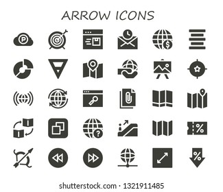 arrow icon set. 30 filled arrow icons.  Collection Of - Pc cloud, Target, Browser, Mail, Earth globe, Center alignment, Pie chart, Earth, Map, World, Drawing, Worldwide, File