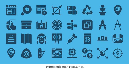 arrow icon set. 32 filled arrow icons. on blue background style Simple modern icons about  - Browser, Clicking, Website, Pin, Research, Filing, Map, Chalk, Web, Compass, Native american