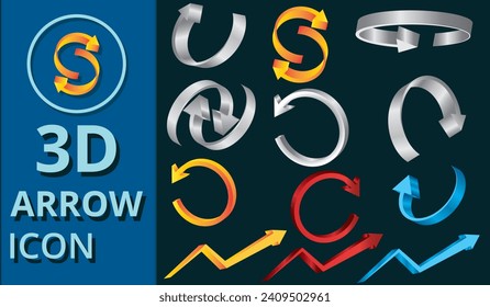 Pfeilsymbol eingestellt. 3D Pfeile Symbol für Webdesign.  Farbige 3D-Pfeile. Set von 3D-Pfeilsymbol.  Neu laden, recyceln, Schleifenrotation und Symbolsammlung. Vektorgrafik