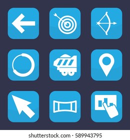 arrow icon. Set of 9 filled arrow icons such as target, cargo trailer, panorama mode, bow, hand on graph, pointer, location, back