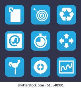 Arrow icon. set of 9 filled arrow icons such as target, weather vane, recycle, at email, stopwatch, move, chart