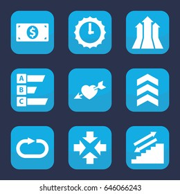 Arrow icon. set of 9 filled arrow icons such as heart with arrow, reload replay, money dollar, sundial, statistic, move