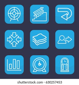 Arrow icon. set of 9 outline arrow icons such as clock, target, sponge, pendulum, user, back arrow, move, chart