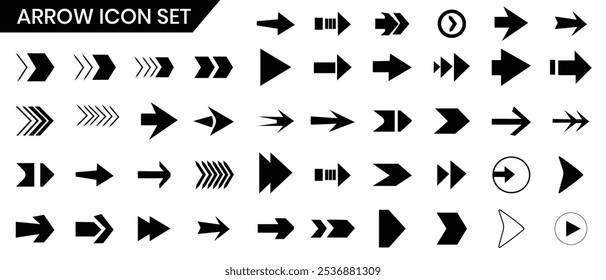 Pfeil-Symbol gesetzt. Pfeile große schwarze Symbole, Vektor. Pfeil, Cursor-Vektorsammlung. Moderne und einfache kreative Pfeile, Wegweiser. Sammlung verschiedene Pfeilzeichen, Silhouette. Vektorgrafik.