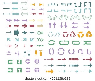 Conjunto de iconos de flecha. Flechas en varios diseños. Ilustraciones vectoriales. (Conjunto colorido)