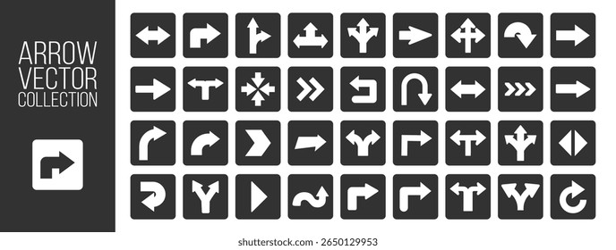 Arrow icon set, black cursor arrows collection, flat vector symbols for web design and interface, modern direction clipart on transparent background